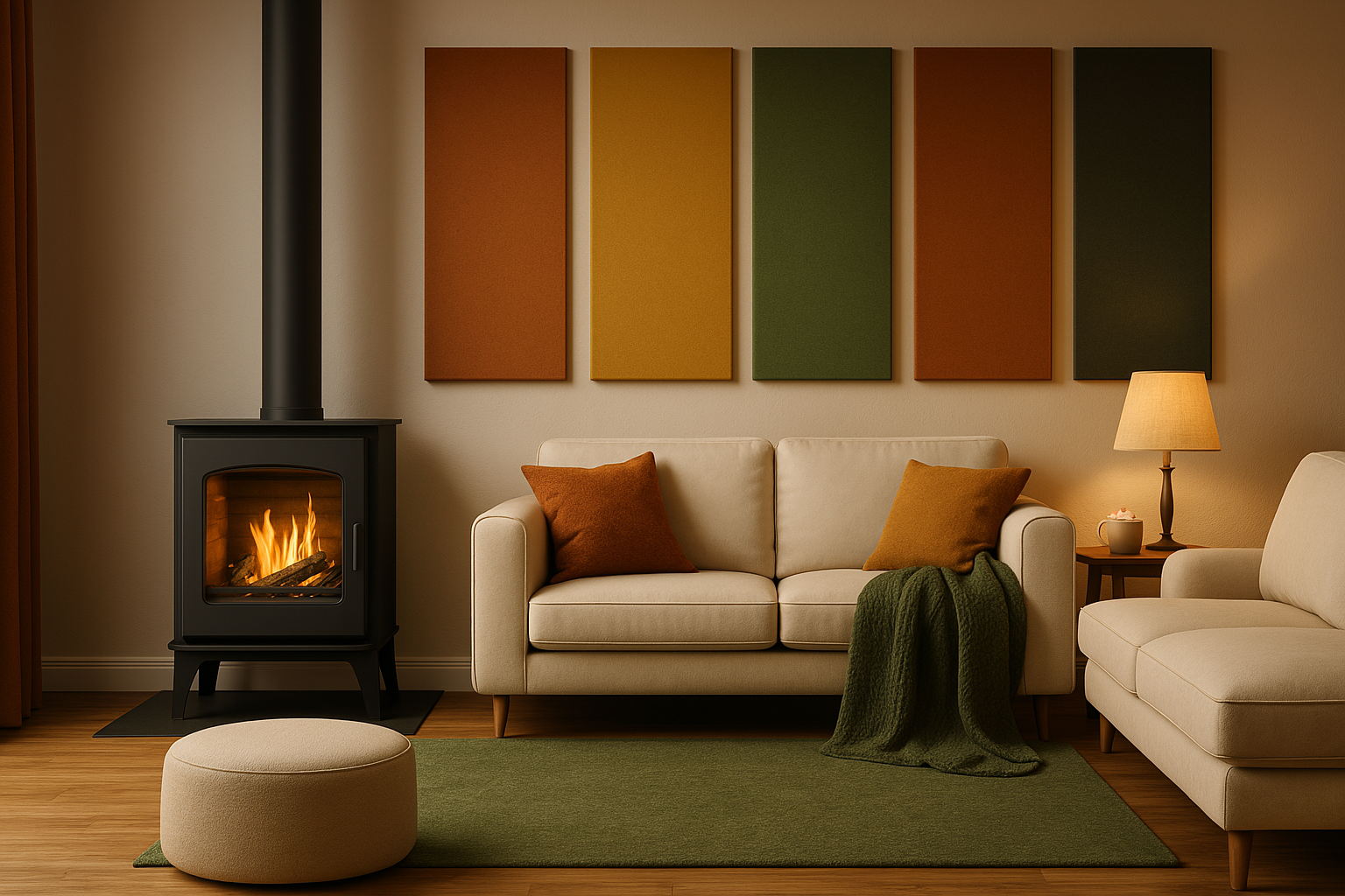 Cozy living room with a fireplace, beige sofa, and decorative wall art.