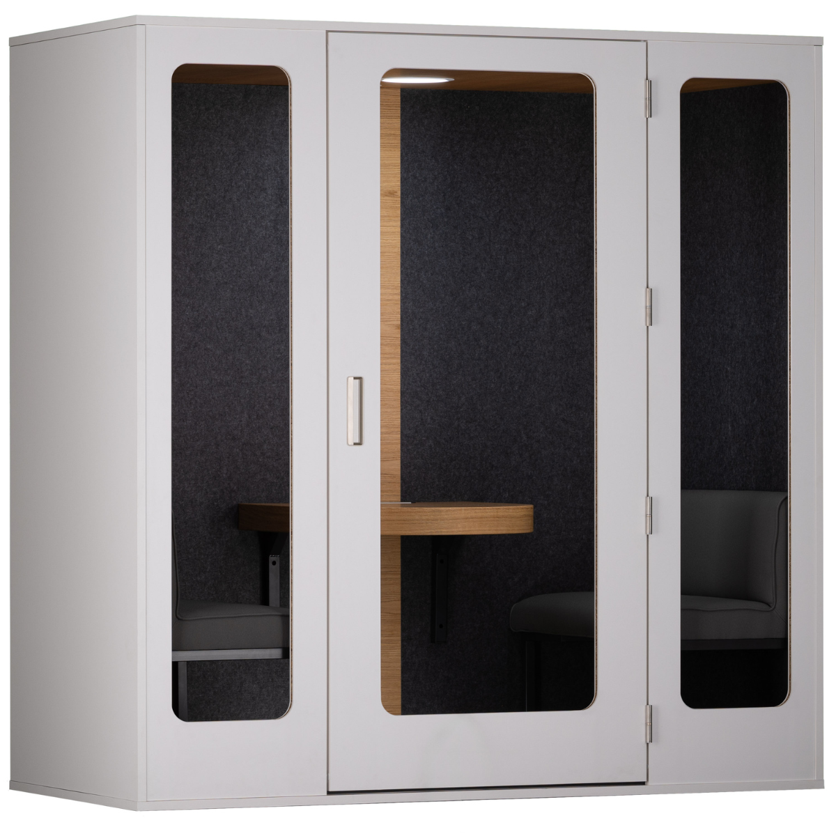 A modern white acoustic meeting room or office partition with three glass-paneled doors, dark textured interior walls, and a small wooden table extending from the center door.