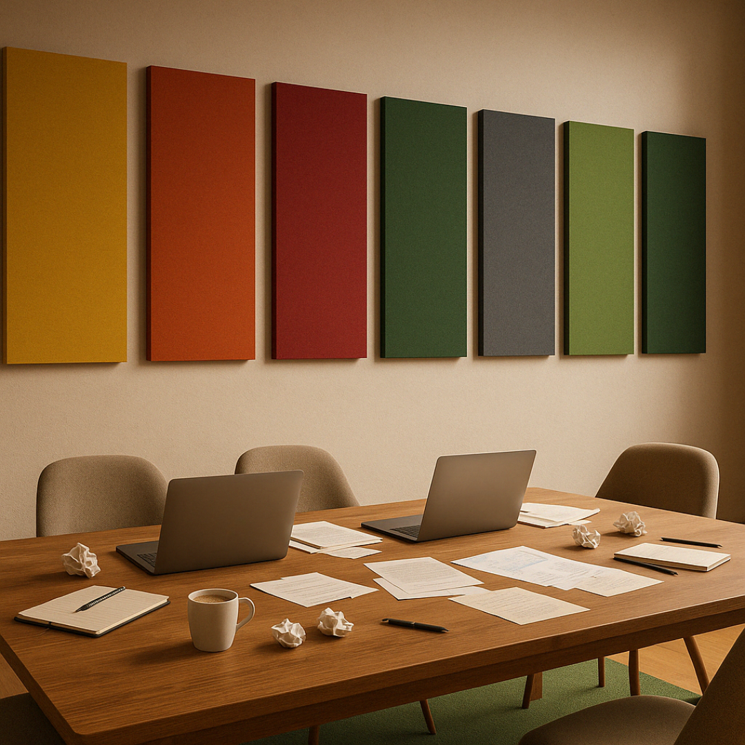 A series of rectangular acoustic fabric panels in various solid colors mounted on a wall above a table with laptops and papers, likely in an office setting.