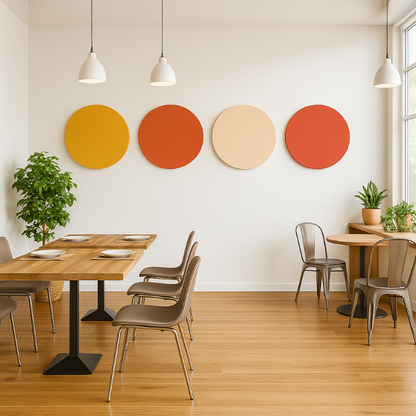 A wall adorned with three circular acoustic fabric panels in yellow, orange, and red, above a dining area with wooden tables and metal chairs.