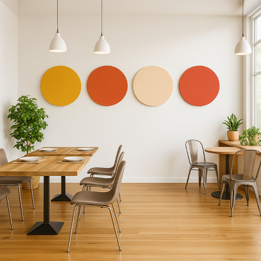 A wall adorned with three circular acoustic fabric panels in yellow, orange, and red, above a dining area with wooden tables and metal chairs.